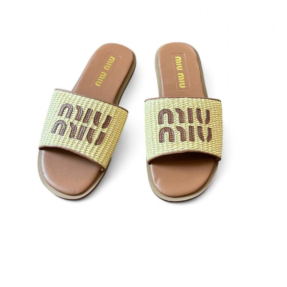 Miu Miu Logo Raffia Slide Sandals with a woven raffia band and leather logo appl